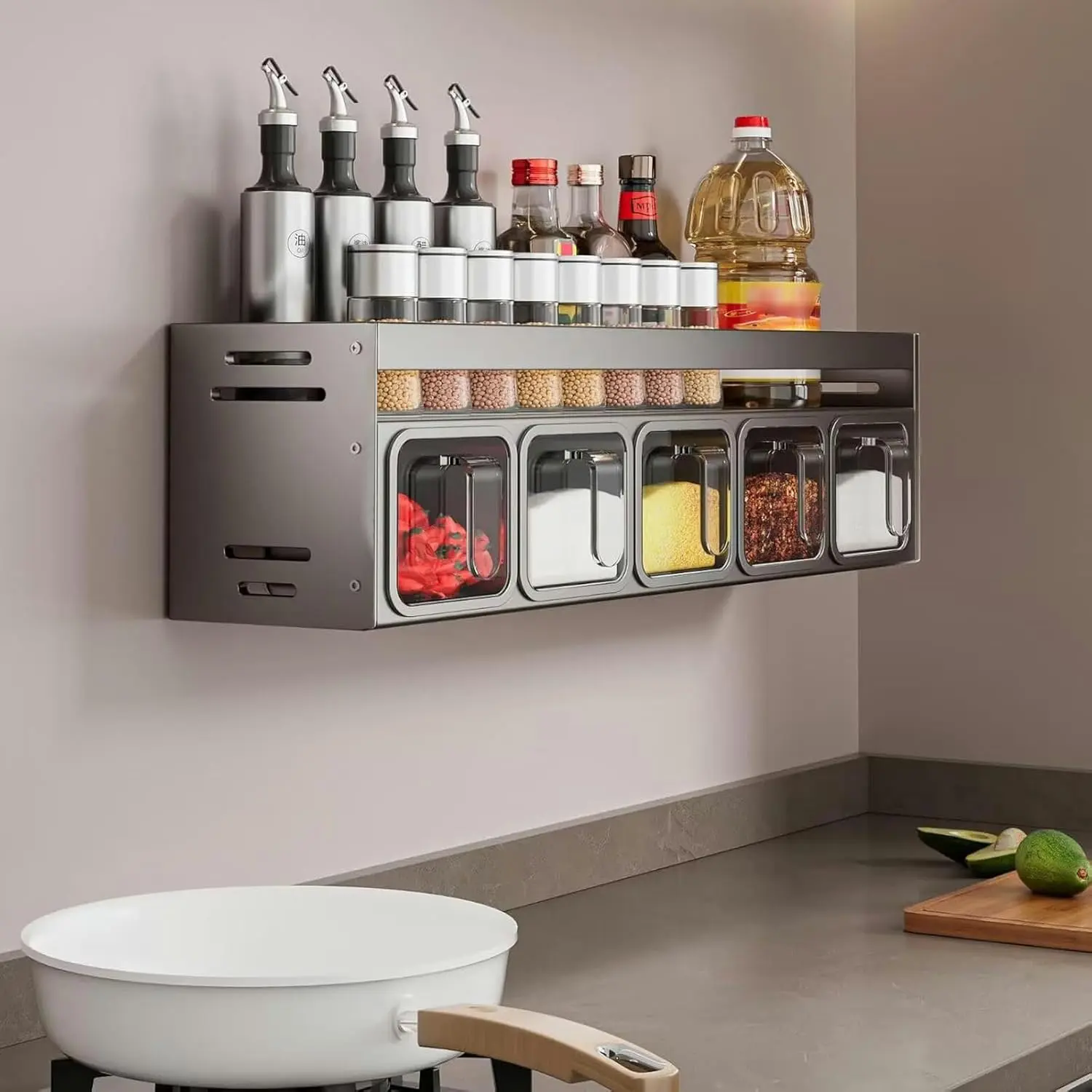 Wall Mounted Spice Rack, 1 Count Aluminum Seasoning Jar Storage Rack, Kitchen Metal Storage Organizer, Home Organizer for Kitchen, Adjustable Storage Shelf