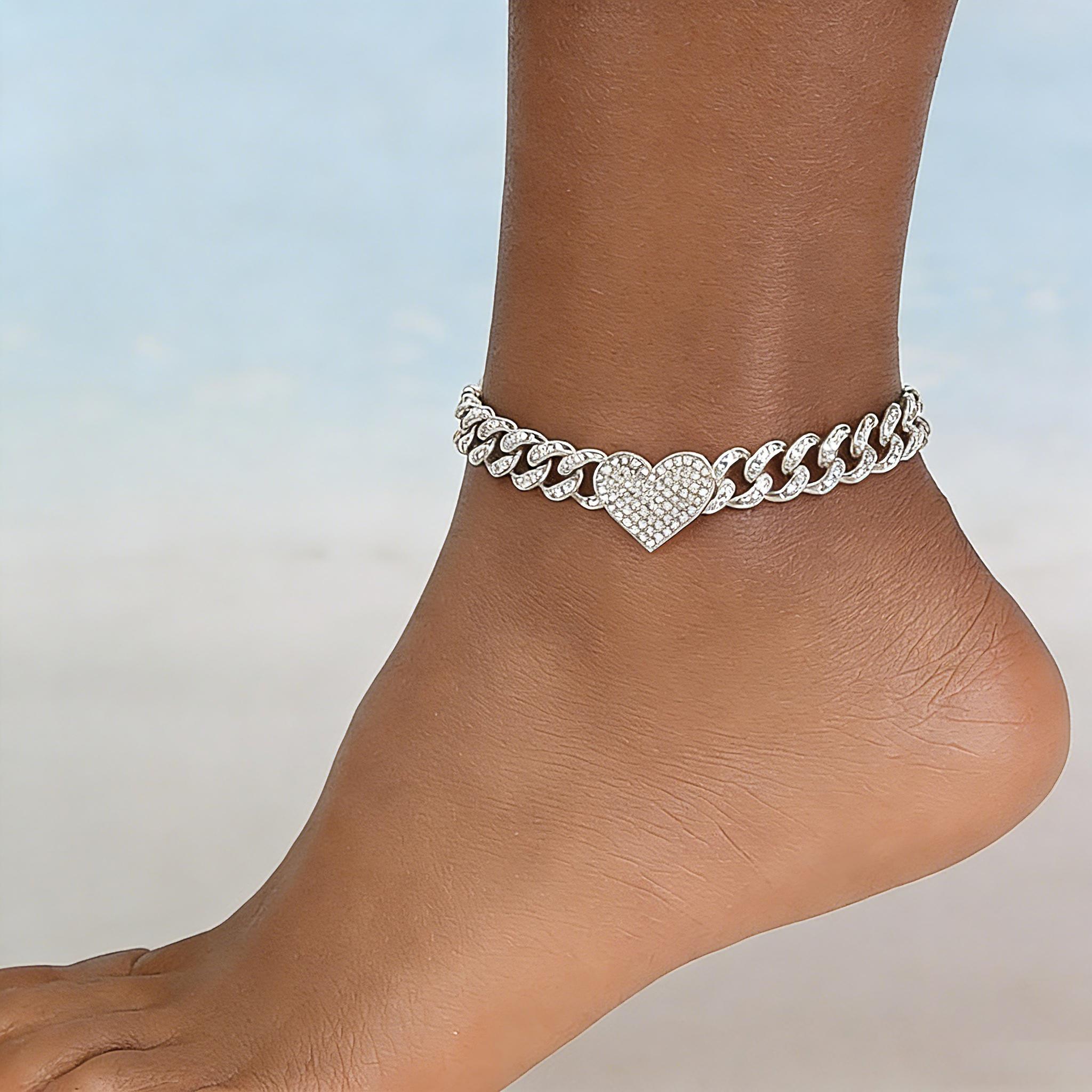 Arpurraina Women's 14K Gold/Silver Plated Butterfly Anklets for Women - Adjustable Rhinestone Barefoot Sandal, Braided Heart Cuban Link Bracelet with Charm Pendant, Beach Jewelry Gift (Gold Ankle Bracelets Included)