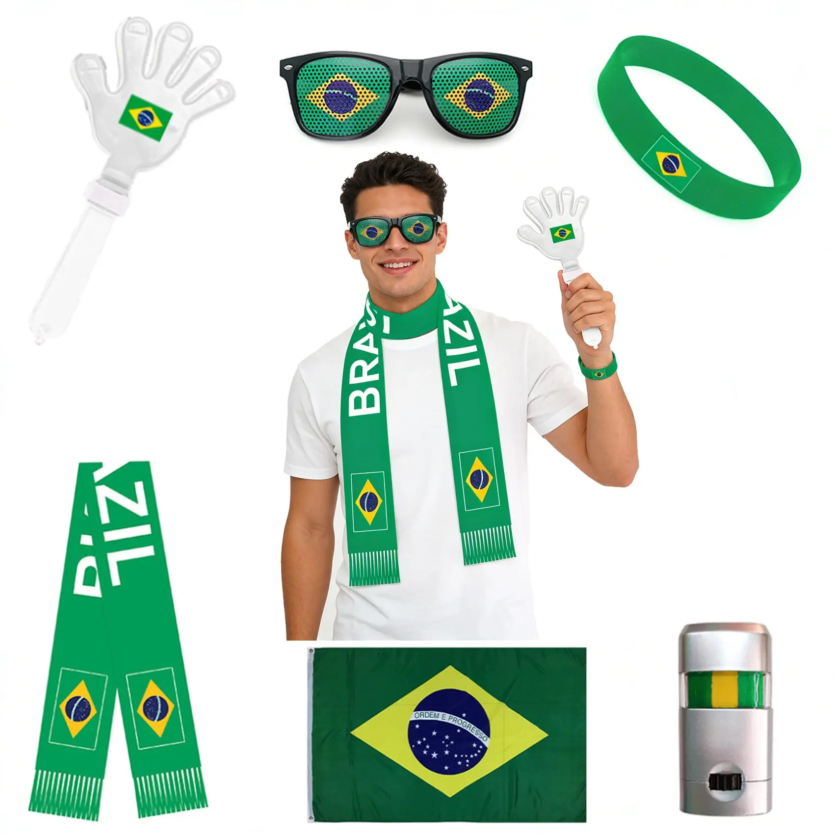 Brazil Football Fan Set of 6 with Flag, Scarf, Square, Glasses, Face Paint