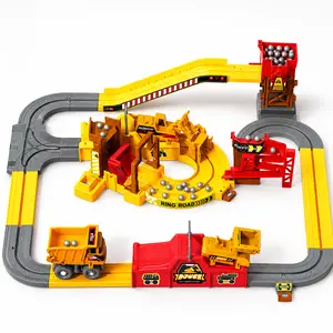 Construction Track Set for Kids, Dump Truck Rail Playset with Rock Loading Station, Conveyor Ramp, Crane and Road Tracks