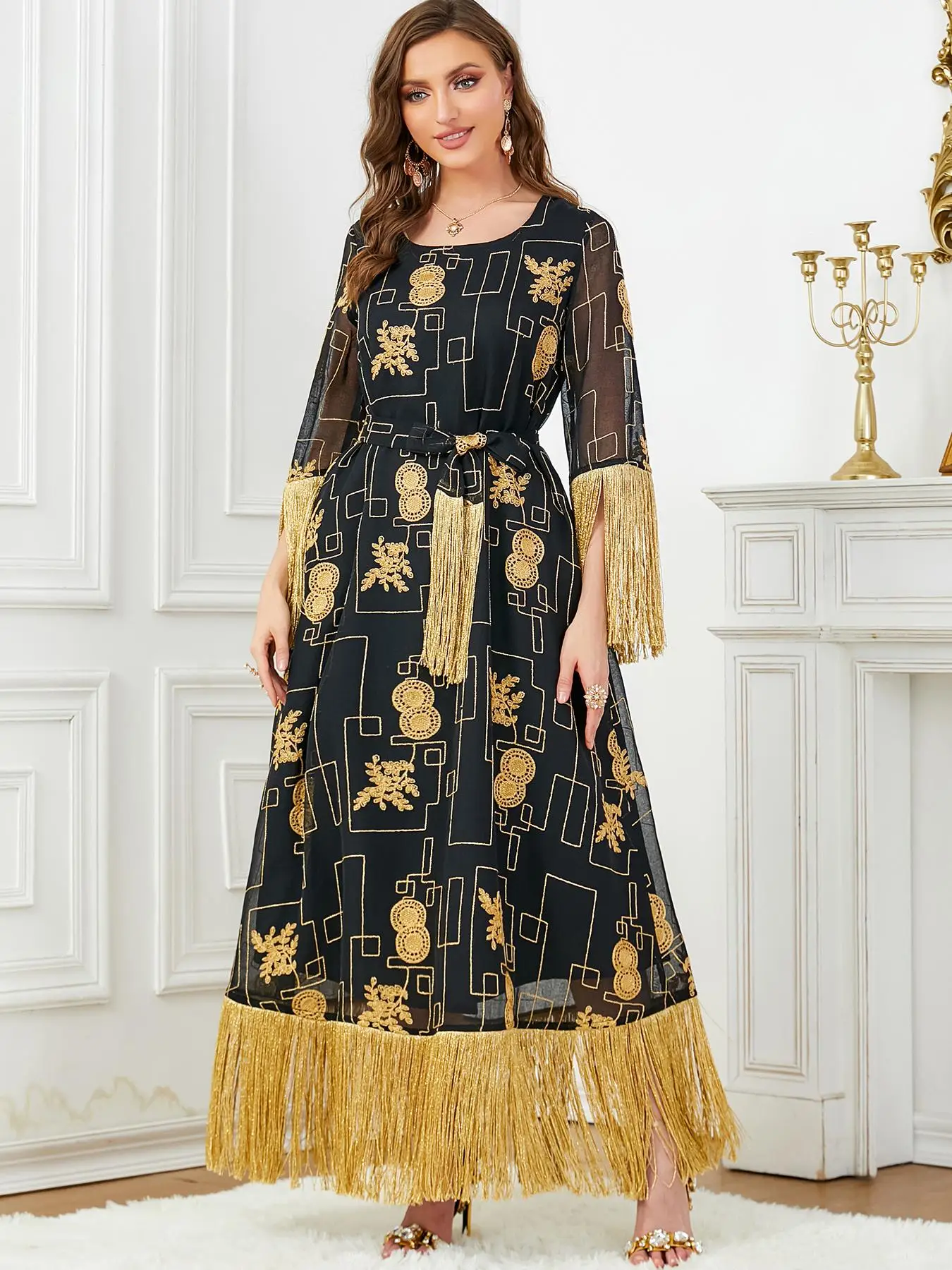 Arabic Clothing-All Over Print Fringe Belted A Line Dress, Women's Elegant Fashion Long Sleeve Round Neck Maxi Dress for Spring & Fall