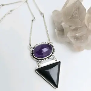 Jen's Jewels Amethyst, Onyx and Sterling Silver Necklace, Amethyst Necklace, Onyx Necklace, Statement Necklace