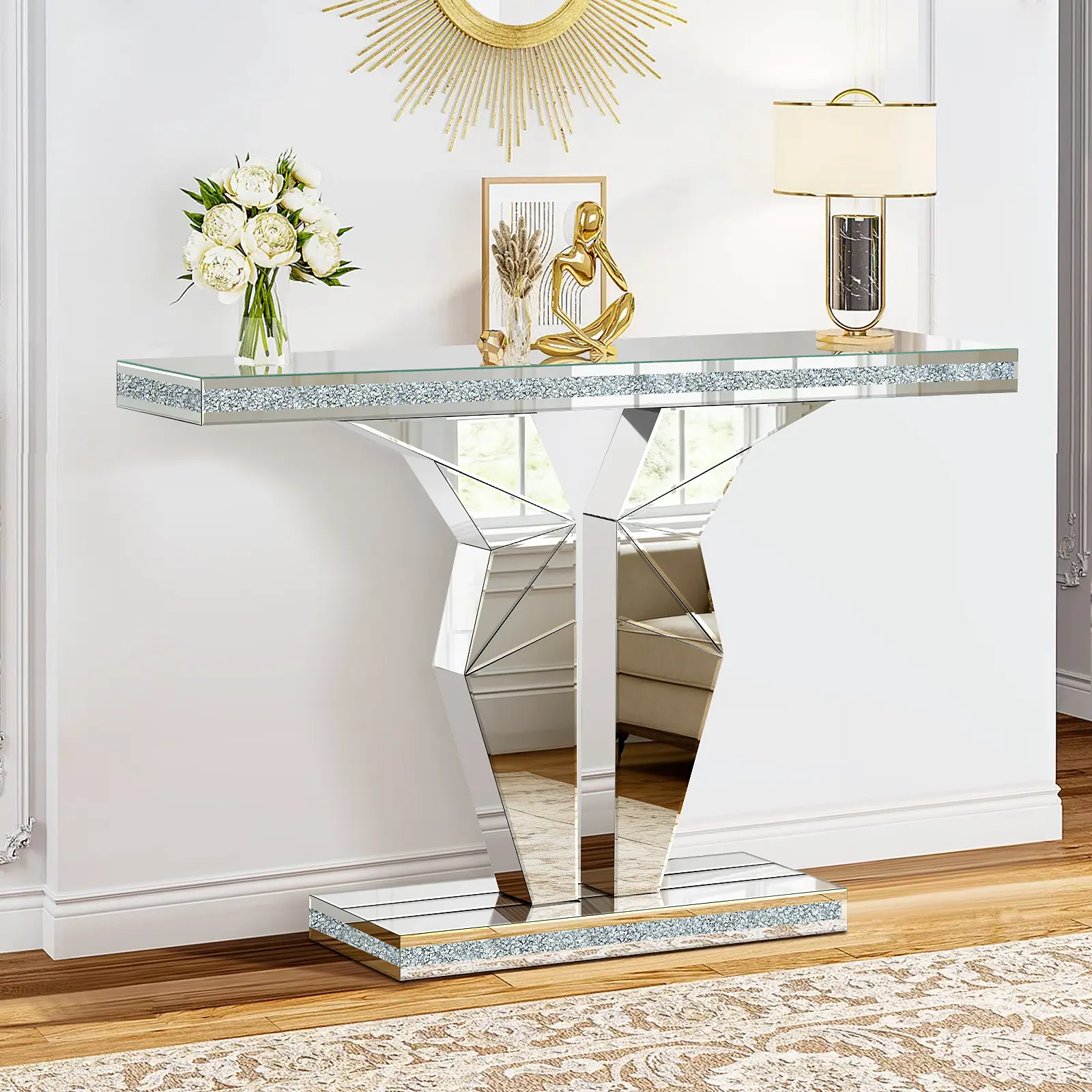Modern-style artistic inlaid diamond console table, 31.5-inch silver mirrored glass entryway console table, light luxury decorative side table suitable for living rooms, offices, corridors and entryways