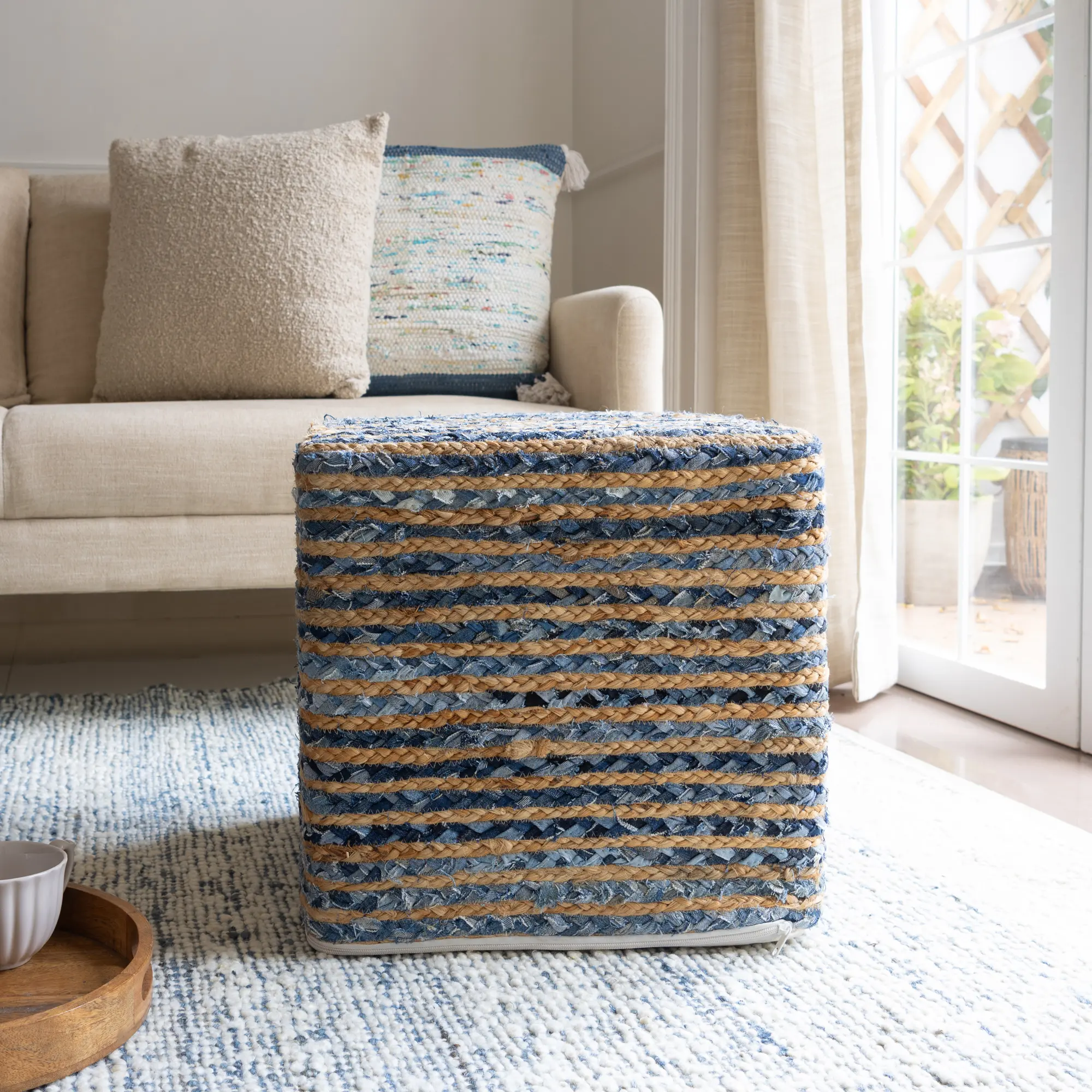 Denim/Beige Farmhouse Striped Hand-Woven Cotton/Jute Square Ottoman Pouf