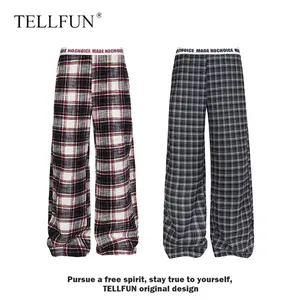 Unisex Y2K Retro Plaid Wide-Leg Pants Double Waist Letter Print Elastic Waist Drawstring Casual Streetwear Baggy Trousers