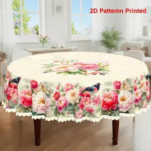 1pc, Spring Summer Themed Party Tablecloth, Bird Peony Floral Printed Design, Rectangular/Round/Oval Table Cloth, Embossed Edge, Suitable For Picnic Dinner Kitchen Dining Room Decoration
