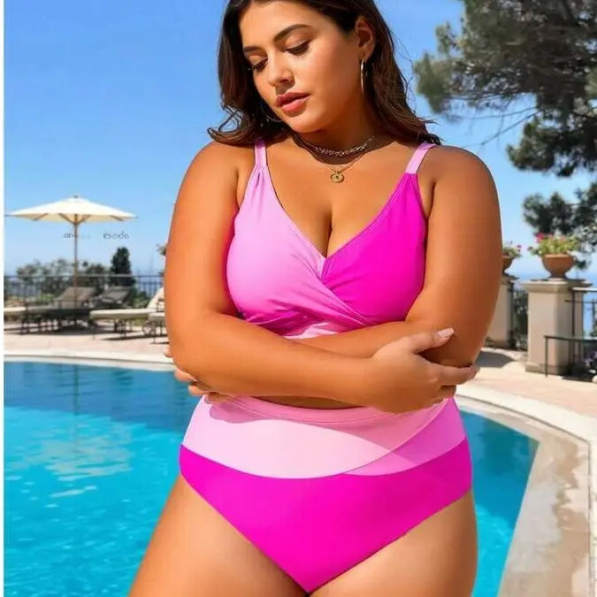 Women's 2026 New Plus Size Bikini Set - Hot Pink Color Block Swimwear, Nylon Spandex Mix, V-Neck Twist Top with Adjustable Ties, High Waisted Bottoms, 4XL Plus Size Swimsuits, Swimsuit Plus Sizes
