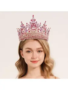 Autumn Red Bride Queen Crown Headpiece European and American Oversized Alloy Electroplated Wedding Tiara Hair Accessory