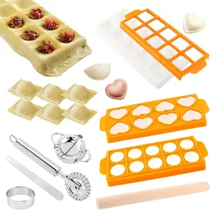 8PCS Ravioli Maker Press Set Ravioli Stamp Maker Cutter with Wood Rolling Pin Empanada Maker-Press Ravioli Wheel and Stuffing Spoon for Homemade Pasta Dumpling Pastry Kit (Yellow)