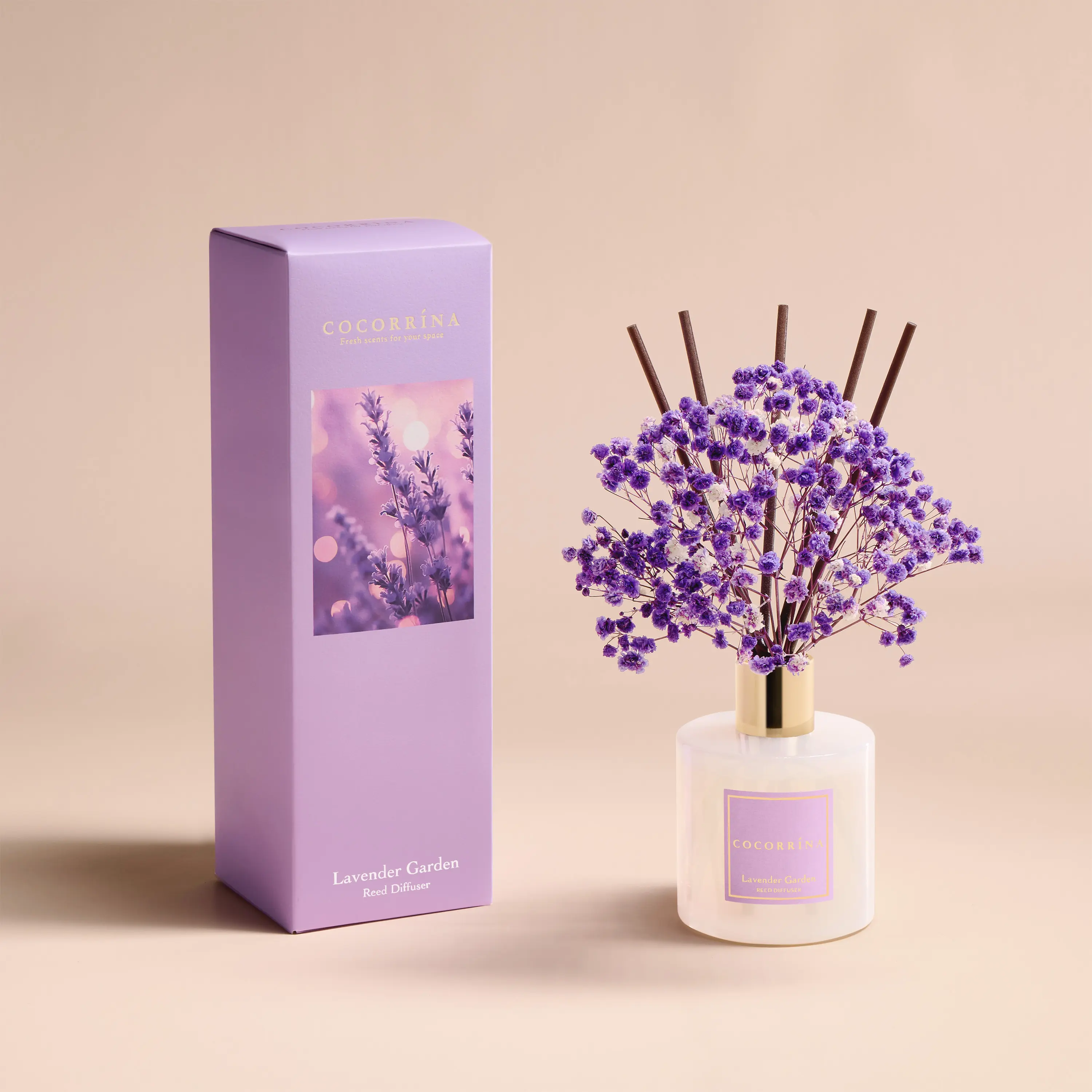COCORRÍNA Reed Diffuser - Lavender Garden 6.7 Fl.oz Reed Diffuser Set with Sticks & Preserved Baby's Breath, Reed Diffuser for Home Bathroom Shelf Decor