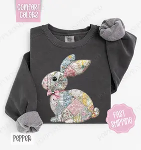 Quilted Bunny Comfort Colors Sweatshirt, Cute Easter Sweater, Trendy Bunny Crewneck