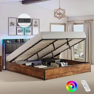 AMERLIFE King Size Lift Up Storage Bed Frame with LED Lights, Linen Upholstered Headboard with Charging Station, Wooden LED Light Platform Bed Frame,Best Gift Ideas/Christmas Gifts
