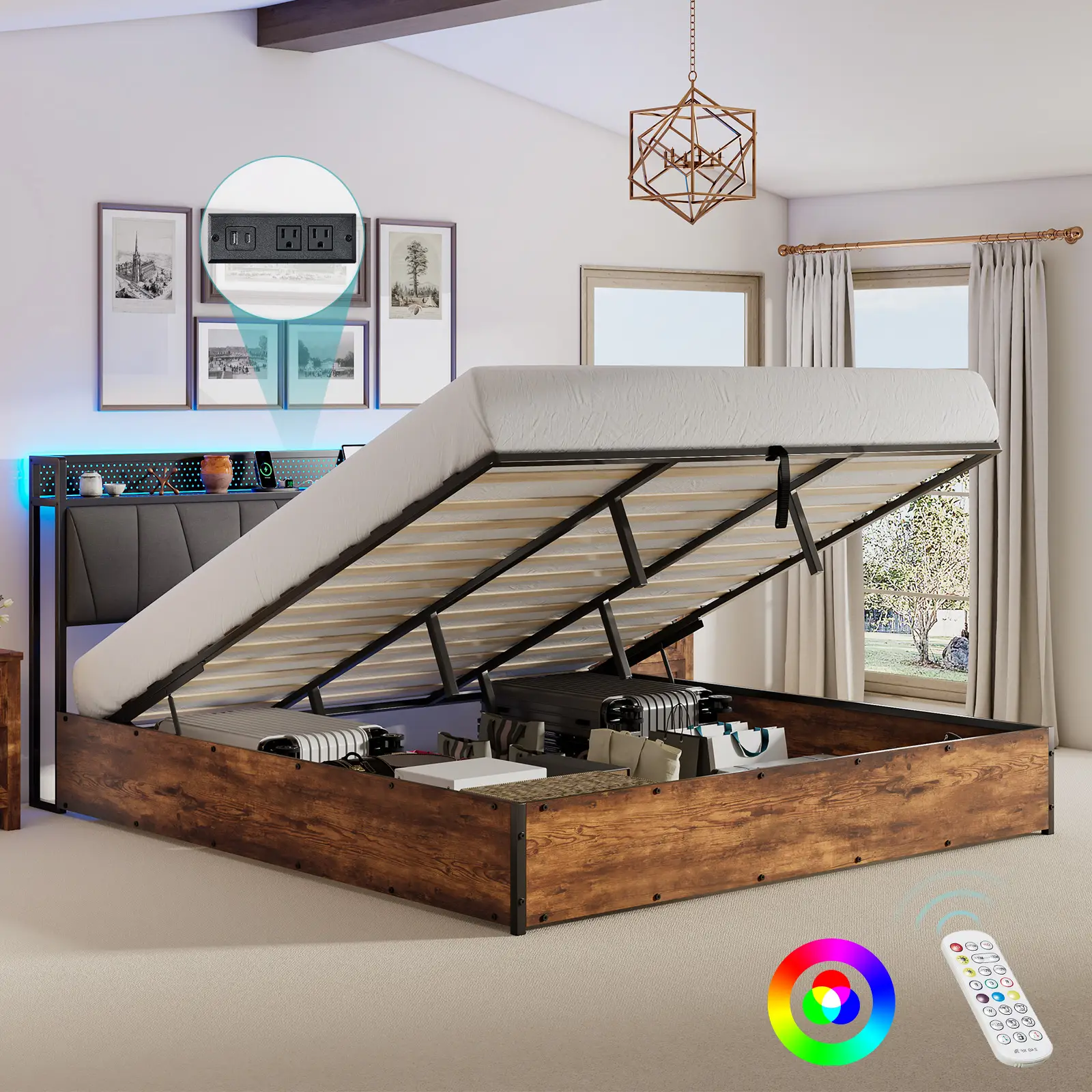 [TikTokShopfalldealsforyou]AMERLIFE King Size Lift Up Storage Bed Frame with LED Lights, Linen Upholstered Headboard with Charging Station, Wooden LED