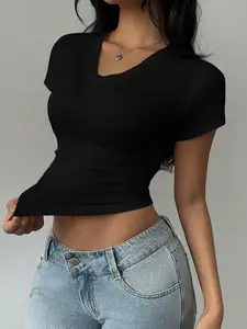 Women's Plain V Neck Tee, Casual Basic Short Sleeve T-Shirt for Summer, Ladies Clothes for Daily Wear, Top, Womenswear