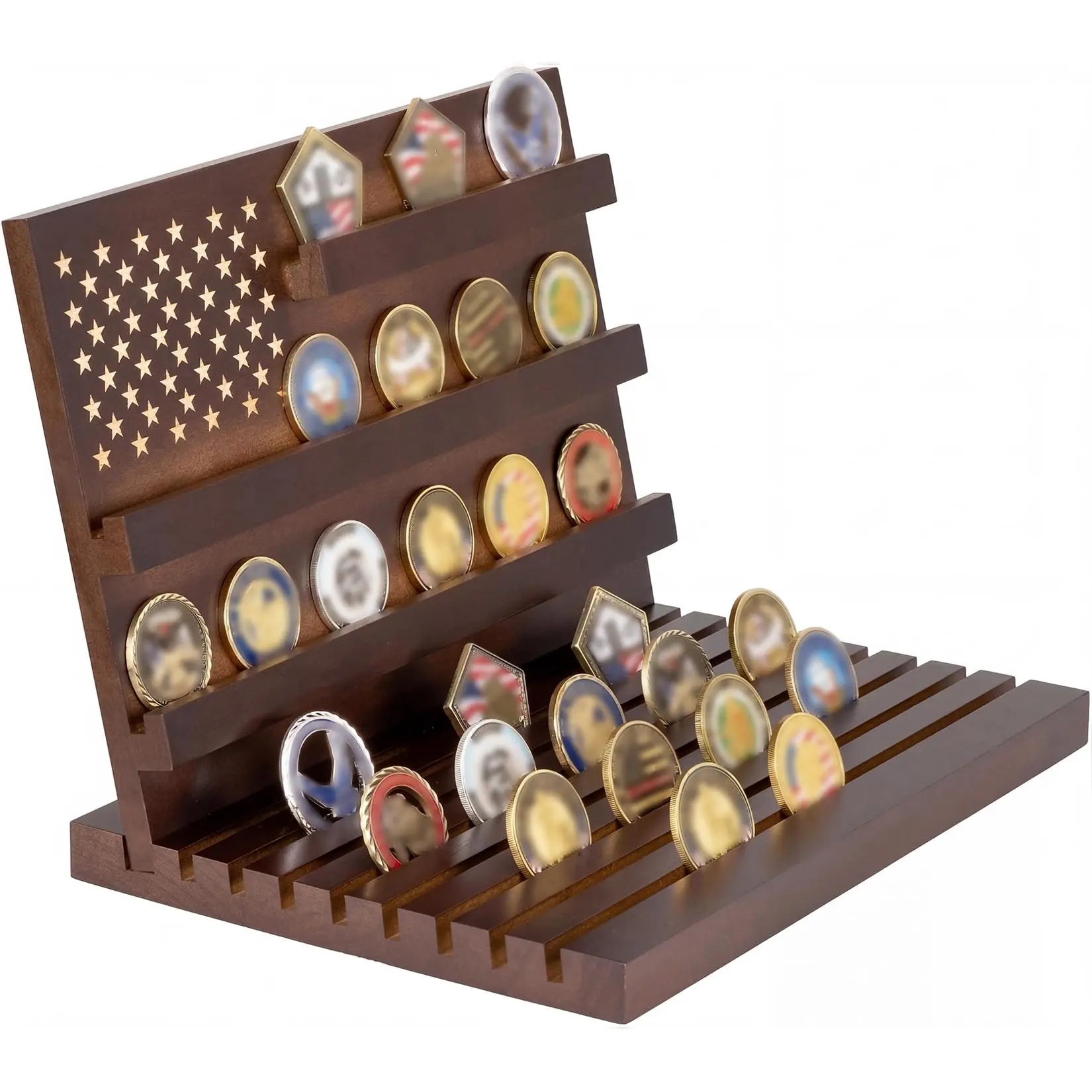 Wooden Military Coin Display Stand, Walnut Finish Challenge Coin Holder with US Flag Design, Tiered Rack for Collectible Coins