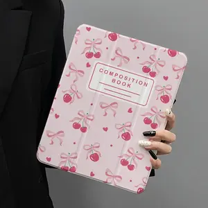 Pink painted cherry bow pattern, with adjustable stand and pen slot, foldable non-slip TPU protective case, suitable for iPad mini, iPad Air, iPad Pro/iPad 10th generation, 11th generation and other series iPad protective cases