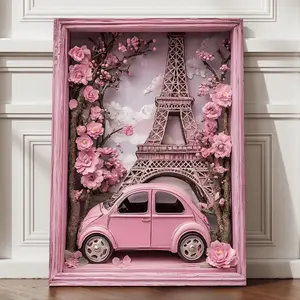 1 Piece Modern Canvas Wall Art - Eiffel Tower With Pink Floral Car Poster, Vintage Pink Car With Cherry Blossoms, Framed Or Unframed Option, Perfect For Home, Office Or Kitchen Decor, Bedroom Decor |   Retro Paris Theme, College Dorm Apartment Decor