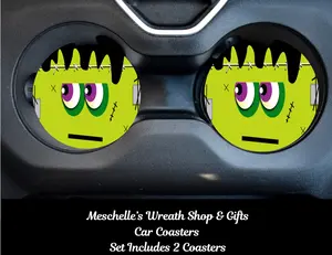 Halloween Themed Car Coasters, 2-Pack, 2.75" Size, Neoprene/Ceramic Material, Sublimated Print, Easy Installation, Condensation Guard, Spill-Proof Car Interior Decoration Accessory for Cup Protection