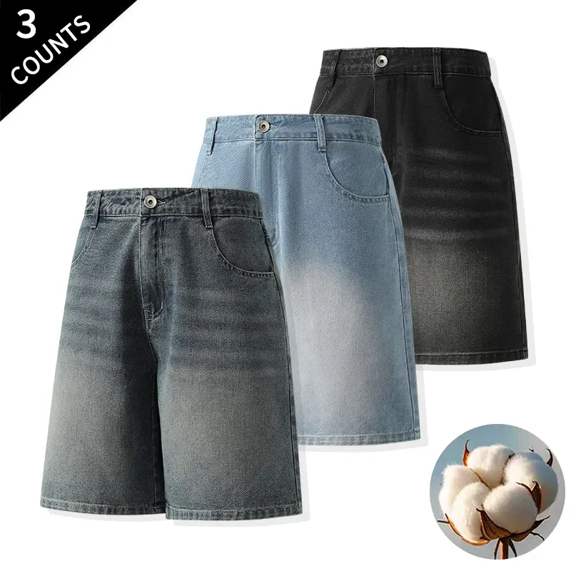 Summer Vibes Men’s 3-Pack Vintage Wash Denim Shorts, Baggy Straight-Leg Jeans Shorts for Summer Streetwear