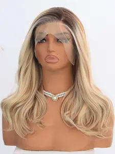 MACA BAKA Cecily Sunkissed Pearl Blonde Ombre Highlight Lace Front Wig with Scandinavian Hairline Low Density 14 Inches Short Wavy HD Synthetic Lace Front Wigs for Women Pre Plucked