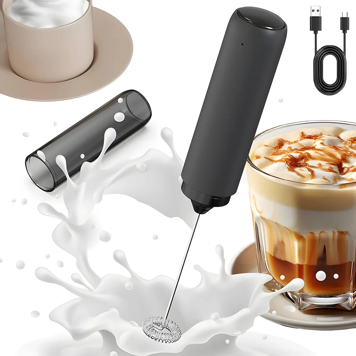 Rechargeable Milk Frother Handheld, Stainless Steel Head Electric Coffee Frother, Portable Hand Frother Wand Drink Mixer for Matcha/Lattes/Cappuccino/Egg