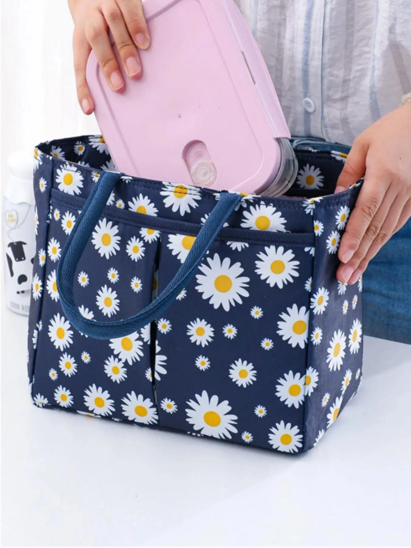 Cute Daisy Print Lunch Bag, Basic Large Capacity Lunch Bag for Women & Men, Durable Simple Zipper Lunch Bag for Office School Travel