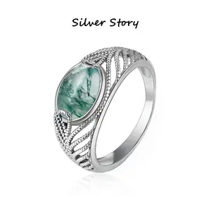 Vintage 925 Sterling Silver Moss Agate Ring for Women  Band Filigree Leaf Design Natural Green Stone Statement Jewelry Boho Aesthetic Promise Ring Birthday Gift for Her