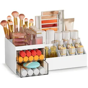 Makeup Organizer with Drawers, Easy Storage for Beauty Products Brushes, Multifunction Plastic Desk Organizer, Cosmetics Organizer for Countertop Dresser Vanity and Bathroom (White)