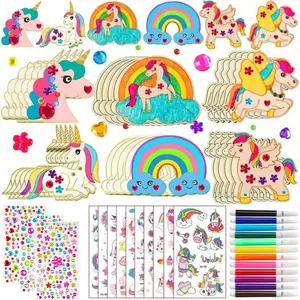 Unicorn Wooden Craft Kit Set, DIY Unicorn Art Supplies, Includes Wood Pieces, Rhinestones, Pens, Stickers, Perfect for Birthday Crafts, Crafting Kit
