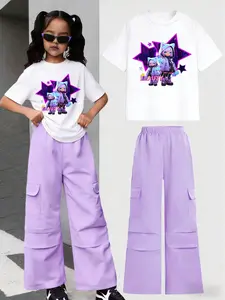 Girls Summer Cartoon Print Short Sleeve Workwear Pants Set, Breathable Comfort Fabric, Round Neck T-Shirt, Two-Piece Set, Essential Item