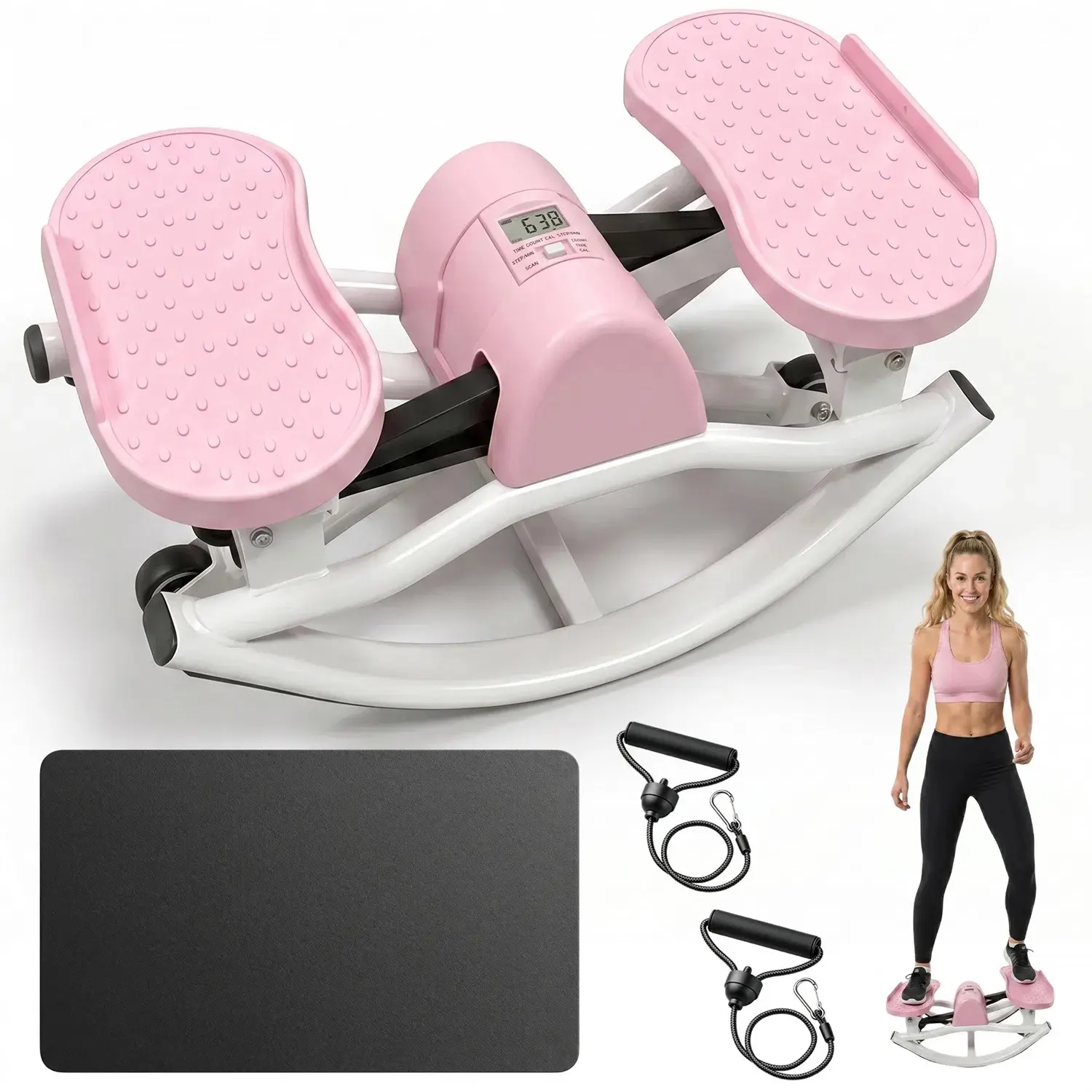 Compact Mini Swing Stepper Machine - Home Aerobic Fitness Equipment with Resistance Bands, Non-Slip Exercise Mat, LCD Monitor for Full-Body Workouts