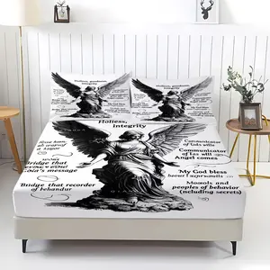 Angel With Scripture Print Fitted Sheet Set, Spiritual Religious Themed Bed Sheet Set, Premium Soft Bed Sheet Set Includes 2 Pillowcases - without Core, with Winged Angel & Inspirational Text Accents, Ideal for Bedroom & Faith-Based Home Decor