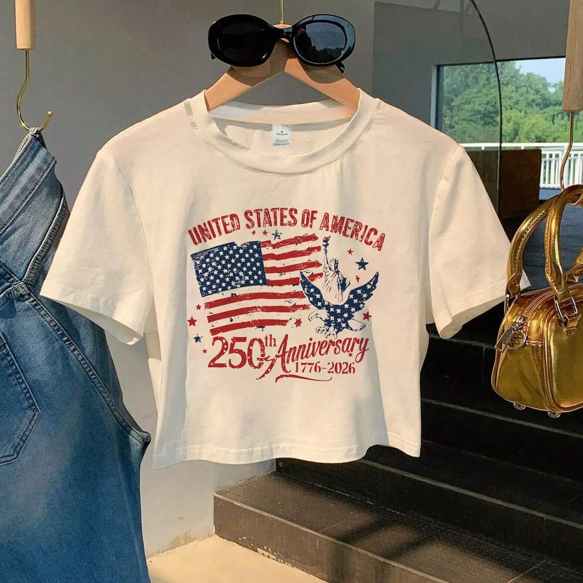 Lady's Cotton Casual Cropped Shortsleeve Sports Top - Patriotic USA 250th Anniversary (1776-2026) Graphic Tee with American Flag, Statue Of Liberty, Eagle & Geometric Prints, Vivid Fade-Resistant Printing, Figure-Flattering Silhouette, Fabric