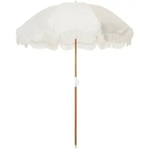 Holiday Umbrella - Boho Beach Umbrella with White Fringe, UPF 50+, 1 Tilting Wood Pole, 5’ x 6.5’, Antique White