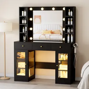 Lighted Makeup Vanity Table with LED Mirror, Adjustable Lighting & Charging Station, Stylish Vanity Desk with 3 Drawers & Lockable Cabinets, 8 Open Storage Shelves, Dressing Table for Women Bedroom