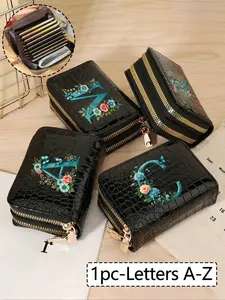 Crocodile Texture Short Wallet, Multi-Card Slots, A-Z Letter Print, Floral Decor, Dual Zipper, Safe Storage, Daily Commute