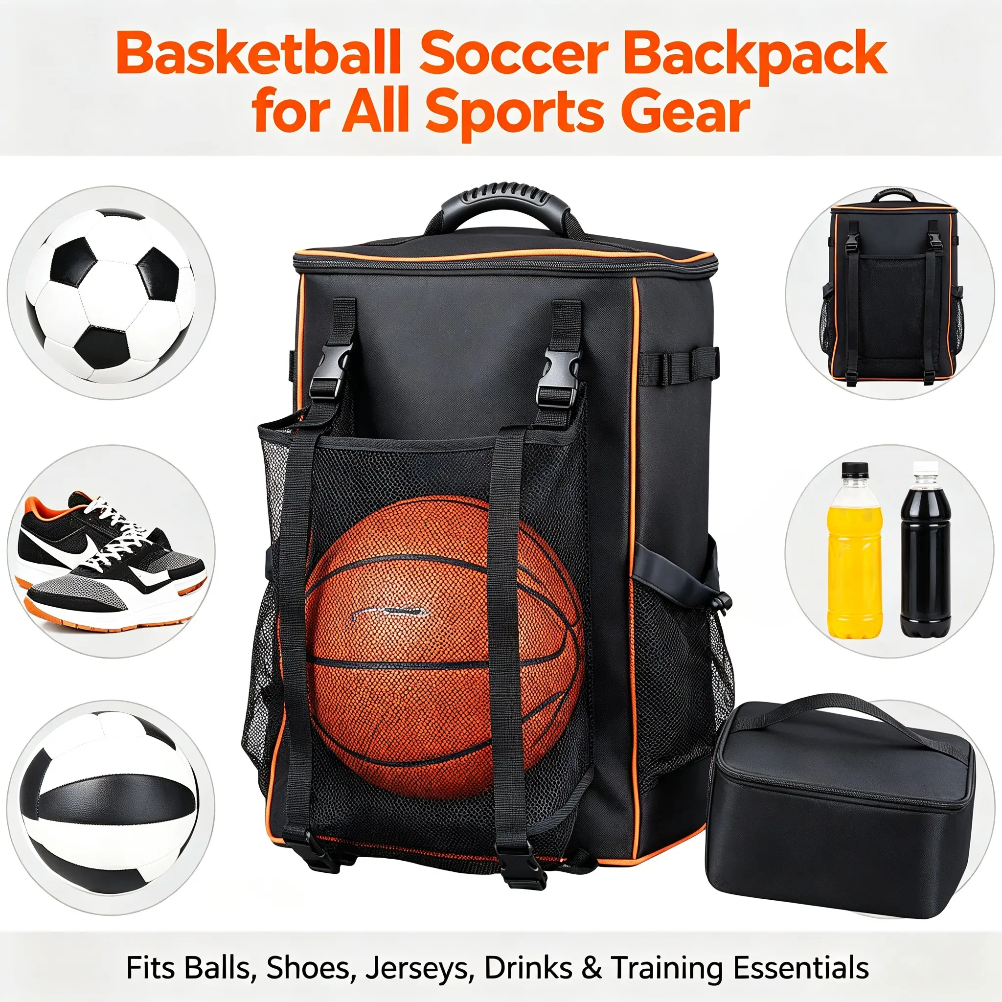 33L Sports Backpack with Ball Holder & Detachable Cooler Pouch, 600D Water Resistant Basketball Bag for Work Soccer Gym Use, Breathable Padded Backpack for Volleyball Motorcycle Helmet Camping Hiking Training