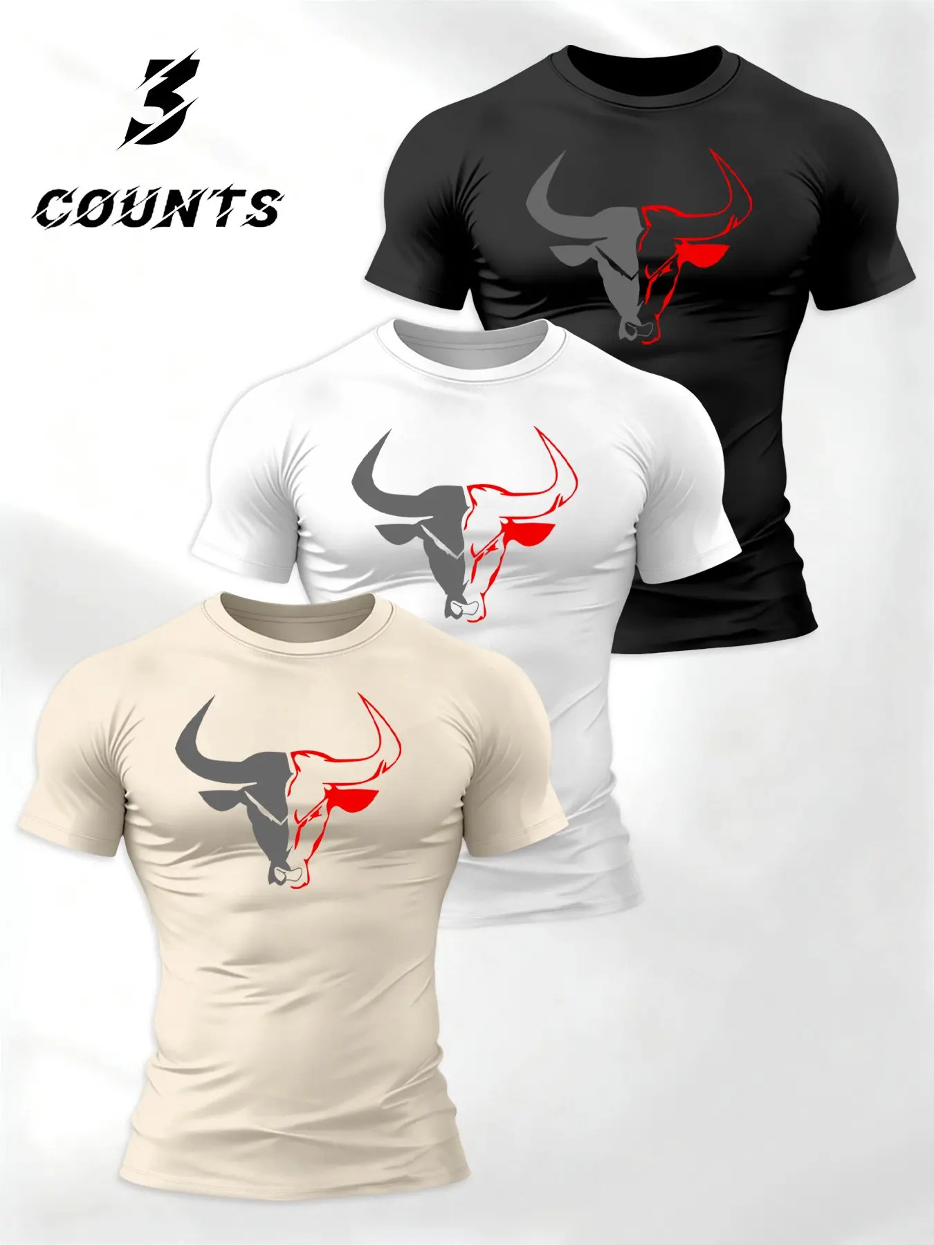 3 Piece Set Block Bull Head T-Shirt for Men, Short Sleeve Loose-Fitting Sports Top, Fitness Sport Top, Athletic Sports Clothing, Athletic Clothes, Athletic Fashion Activewear, Showcases Muscle Definition for Daily Wear, Sports Tee