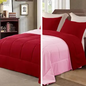 Lightweight Summer Queen Size Comforter, Down Alternative Comforter with 2 Pillow Sham, Queen Size for Seasons, Red/Pink