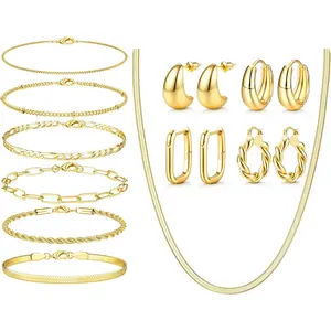 MILACOLATO 8/9/11 Pcs Gold Jewelry Set for Women Dainty 14K Plated Gold Chunky Hoop Earrings Bracelets Stack Herringbone Necklace Fashion Costume Accessories Women's Jewelry Set