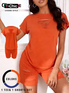 Women's Sexy Hollow Out T-Shirt and Shorts Set, Soft High Stretch Fabric, Casual Slim Fit, Short Sleeve, Plain Pattern, Two Piece, Outfit