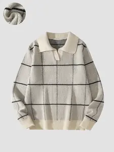 Autumn and winter new men's V-neck plaid stripe Long Sleeve Washed Pullover Lightweight Knit sweater, fashionable and simple Fitted style Knitwear, casual and versatile, suitable for various occasions, comfortable warm, essential in the wardrobe