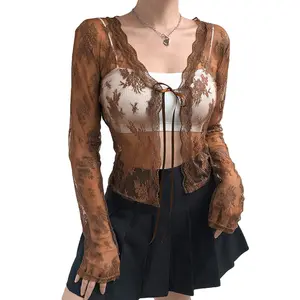 Women´s Sexy Sheer Shrug, Casual Long Sleeve Tie Up Floral Lace Cropped Cardigan Womenswear Knitwear