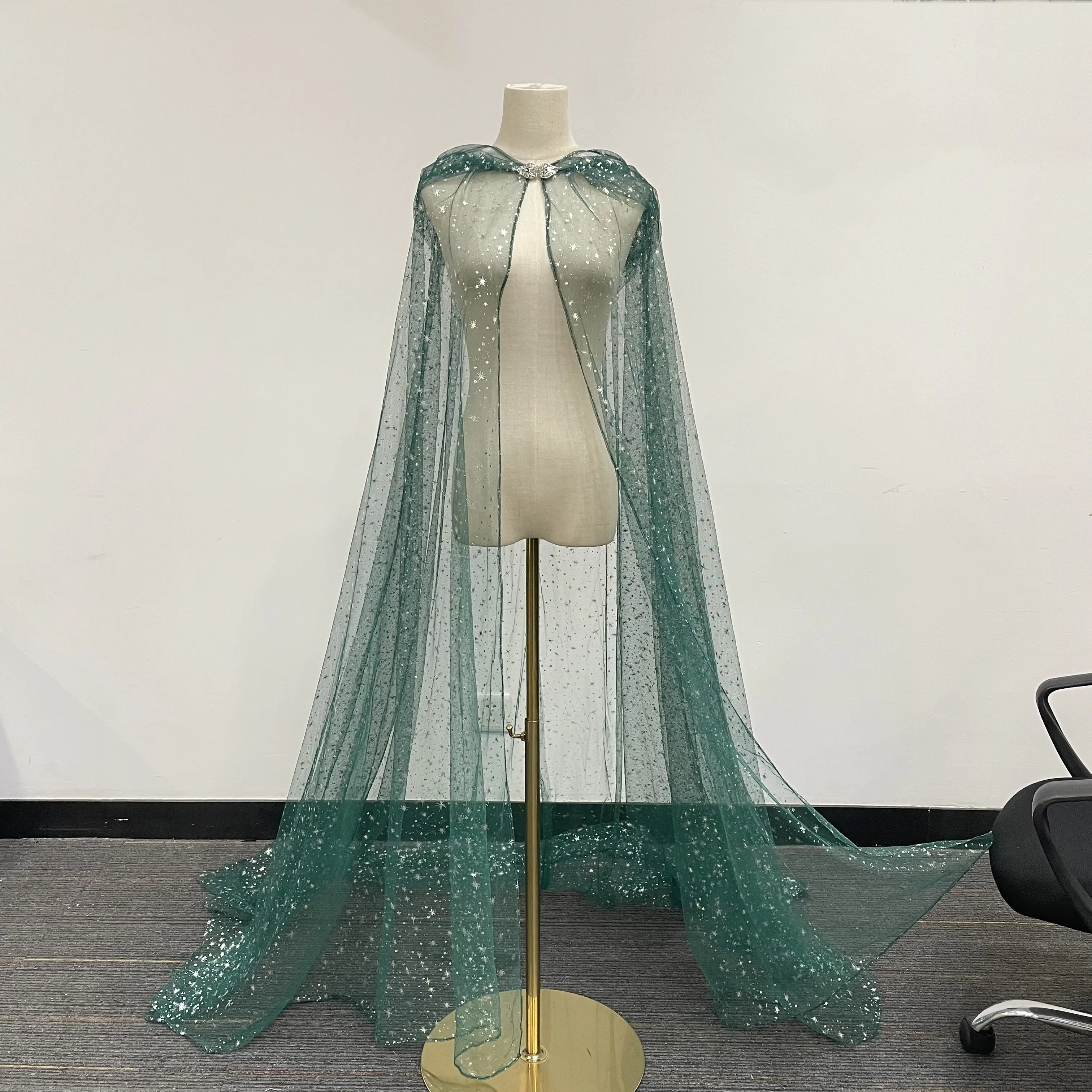 Hooded Green Wedding Cape, Shimmer Star Tulle Cape, Fairy Bridal Cape,Glow In The Dark Cape Veil, Custom Length Cape