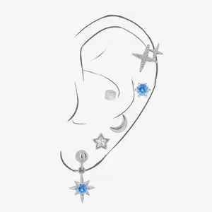 S925 Silver Azure Celeste Earrings Set, Moon Star Celestial Blue Ball Back Screw Back Studs, Sleep Nap Earrings for Multiple Piercings Comfortable for Everyday Wear