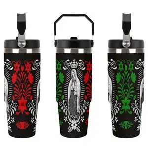 Mexican Embroidery Guadalupe Tumbler 30oz Insulated Travel Mug with Flip Lid Double Wall Stainless Steel Cup for Hot & Cold Drinks Religious Gift for Catholic & Latina Drinkware Flasks
