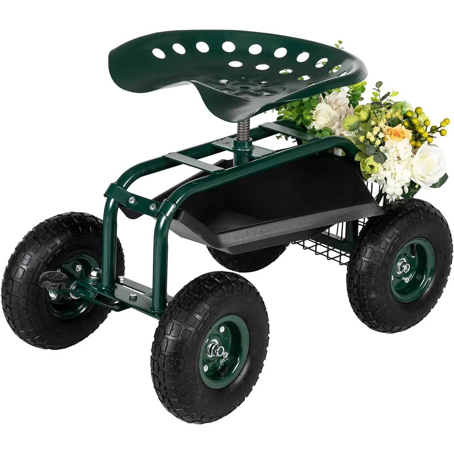 【Summervibes】Ubesgoo Gardening Work Seat with Wheels, Rolling Work Seat with Adjustable 360 Degree Swivel Seat, Basket and Tool Tray for Lawn Patio Outdoor Planting Deck Wagon Scooter (Green)