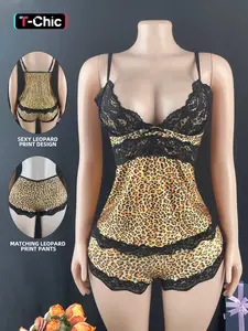 Women's Leopard Print Lace Cup Cami & Shorts Sleepwear Set, Lingerie, Fashionable Fitted Home Wear, Comfortable Relaxing Nightgown