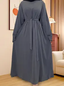 Women's Solid Color Belted Lounge Dress, Casual Long Sleeve Open Front Nightgown for All Seasons, Ladies Sleepwear for Indoor Wear, Casual Comfy Nightdress, Grey