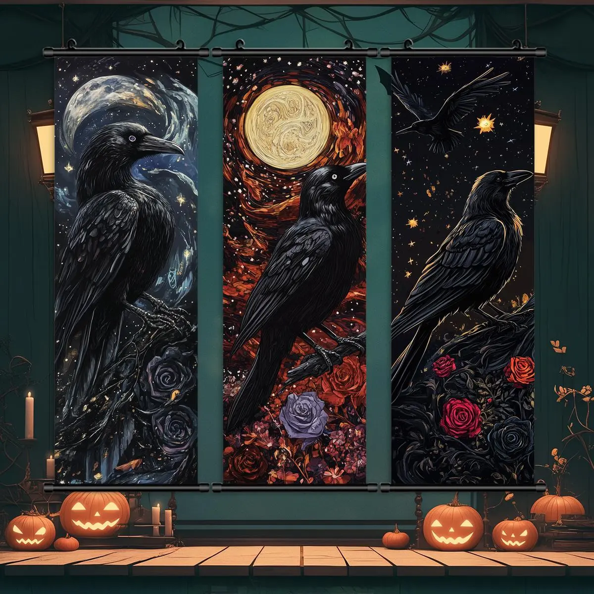 Crow Pattern Wall Hanging Banner, 3 Counts/set Exquisite Halloween Hanging Banner, Wall Art Decor for Home Living Room Bedroom, Party Decorations Banners